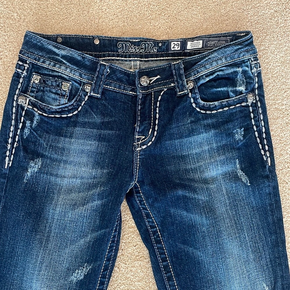 Miss Me Dark Blue Skinny Jeans with Intricate Silver Details - Picture 5 of 7
